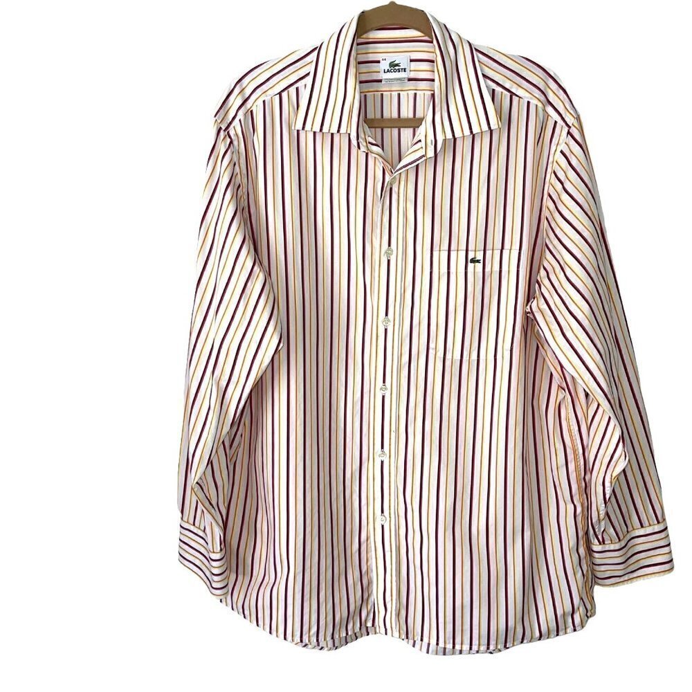 Lacoste Striped Button Front Shirt Mens Size Large L Cotton White Yellow Red